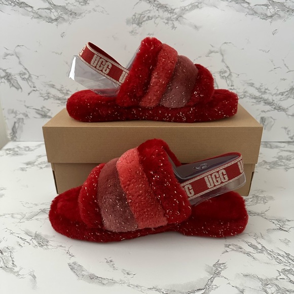 UGG Fluff Yeah Slingback Slippers Slides Red and Gold Glitter - Picture 2 of 10